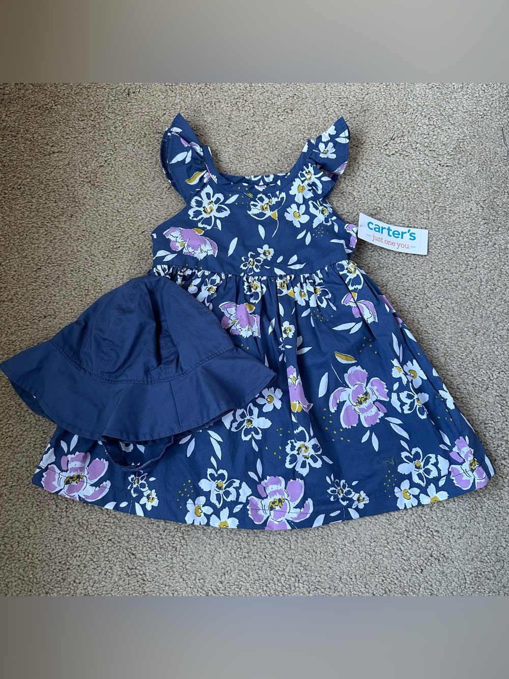 Carter's Blue Floral Ruffle-Sleeve Dress with Matching Hat- 12 months- NWT